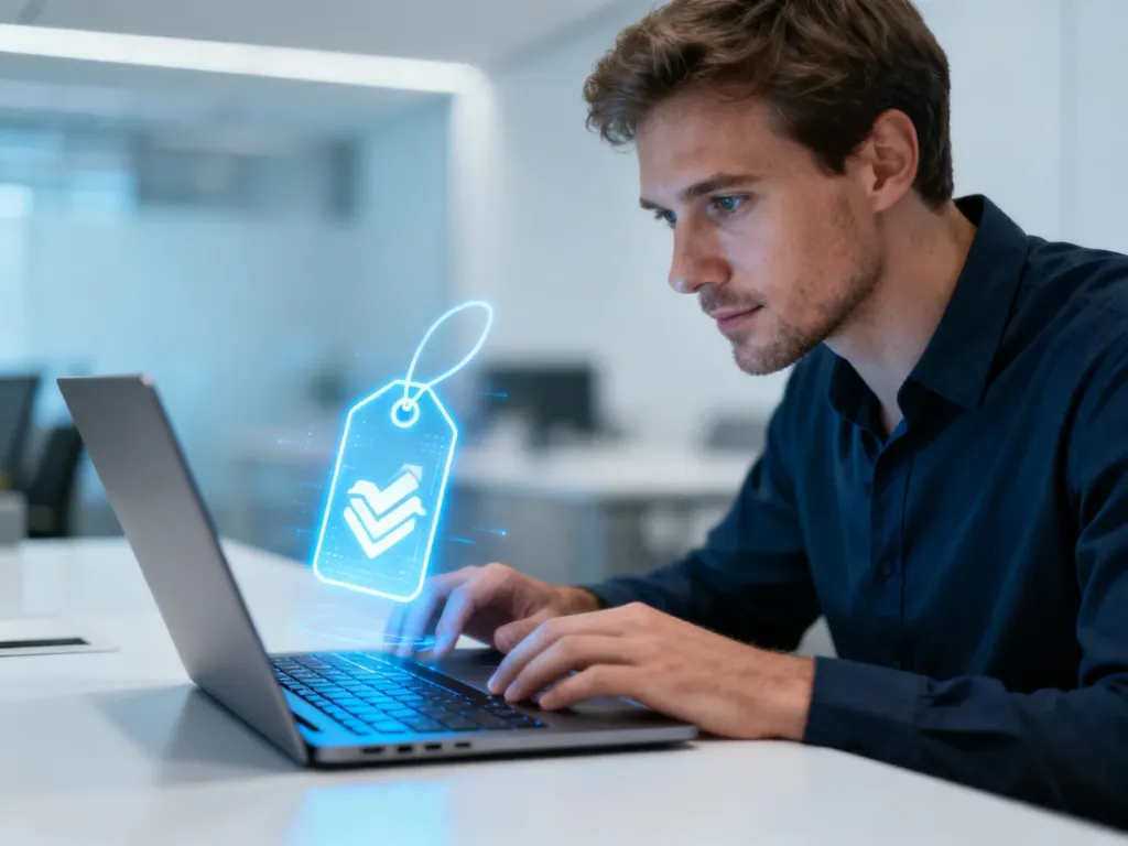 Mężczyzna przy laptopie wpatruje się w unoszącą się nad klawiaturą hologramową ikonę tagu, symbolizującą cyfrowe oznaczanie.