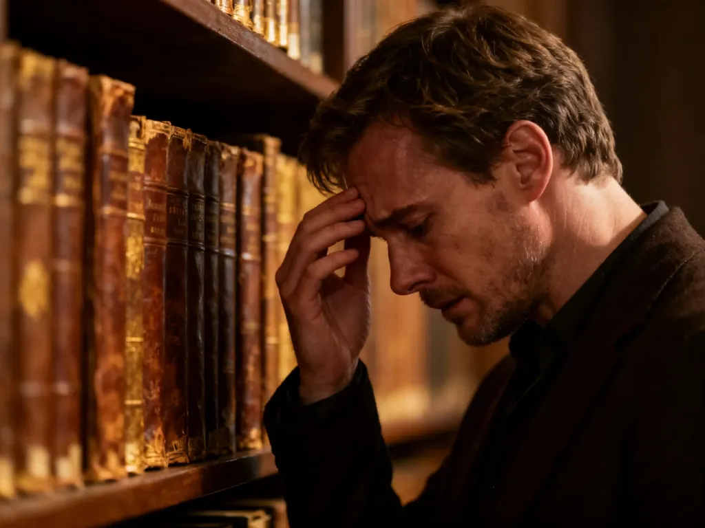 Mężczyzna w bibliotece z wyrazem skruchy na twarzy, ilustrujący znaczenie zwrotu „mea culpa”.