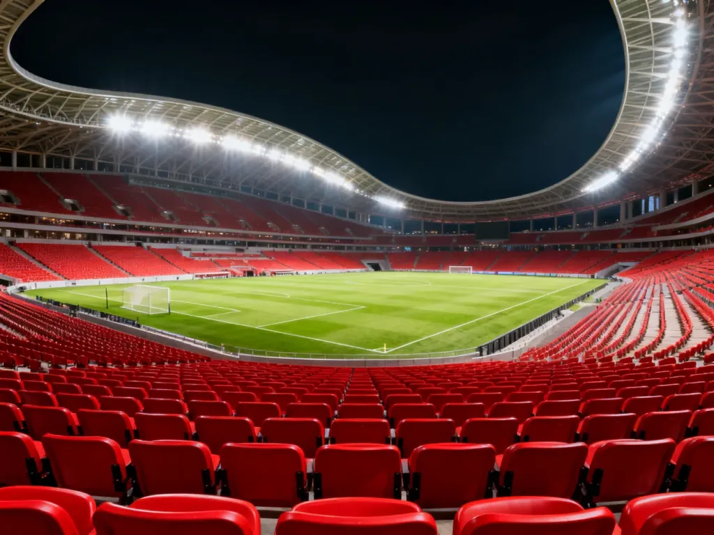 Widok na oświetloną murawę i puste czerwone trybuny Stadionu Narodowego w Warszawie nocą.